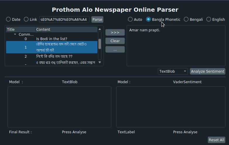 Bangla/Banglish/English Sentiment Analysis and News Scraping